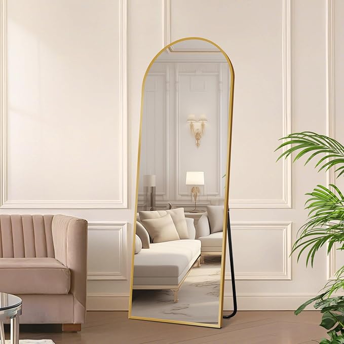 58"x18" Full Length Mirror with Stand, Shatterproof Arched Floor Mirror, Aluminum Alloy Thin Frame - Freestanding/Leaning/Wall Mount for Bedroom, Living Room & Entryway (Gold)