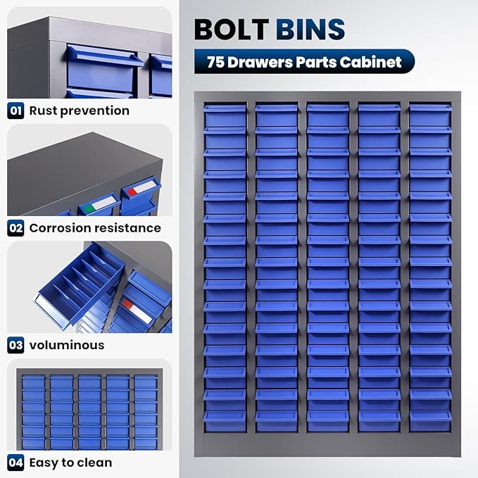 75 Drawers Nut and Bolt Organizer, 36" H x 26" D x 9" W Bolt and Nut Tool Storage Cabinet with Acrylic Adjustable Shelves & Label Stickers, Alloy Steel Parts Cabinet for Workshop Garage Organizer