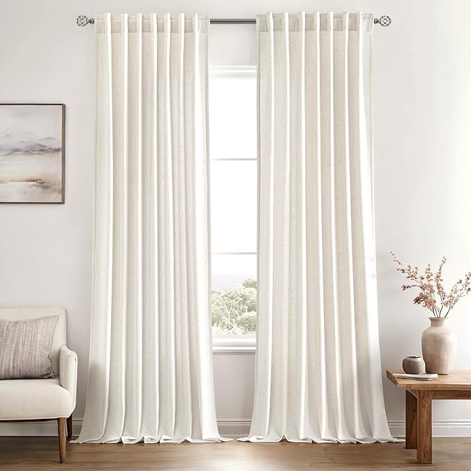 MIULEE Non-See-Through Privacy Linen Curtains 2 Panels, Light Filtering Window Curtains Farnhouse Textured Back Tab Semi Sheer Drapes for Bedroom Living Room, 52 x 98 Inches Long, Natural White