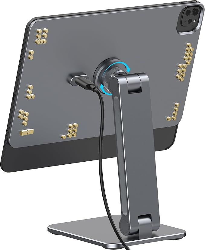 Magnetic iPad Stand with Wireless Charging, 18W Charger, Suction Cup Base, 360° Rotating Panel & Foldable, ONLY for iPad Pro11"(4th/3rd/2nd), Air11"(M3/M2), Air10.9"(5th/4th), Work & Study Desk - Gray