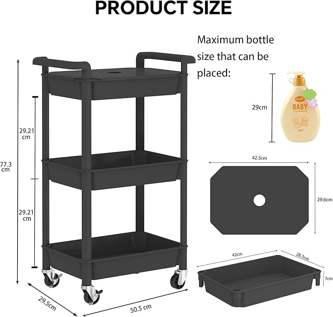 3-Tier Utility Rolling Cart with Cover Top Board, Mobile Utility Cart with Lockable Casters Multi-Functional Storage Trolley for Office, Bathroom, Kitchen, Garden, Laundry Room (Black)