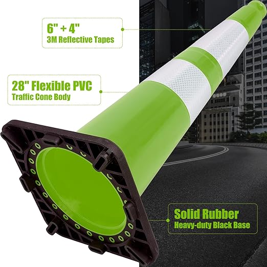 6 Pack 28" Inch Large PVC Traffic Cones with Heavy-Duty Black Base, High-Visibility All-Weather Safety Cones for Road Construction, Parking Lot, Garage Use (6, Green, 28" Large)