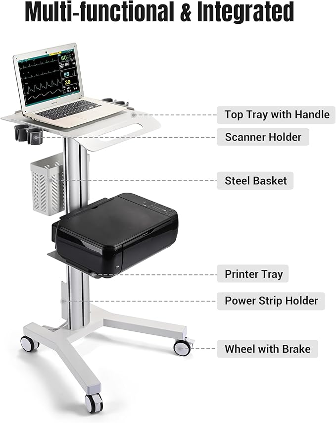 Yescom Medical Mobile Laptop Cart Rolling PC Stand Computer Workstation on Wheels with Handle 220 Lbs Capacity CPU Printer Power Strip Holder for Dentistry Clinic Lap Hospital White