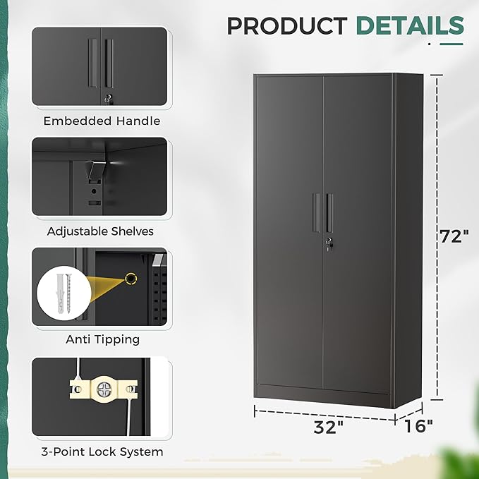 Greenvelly Metal Storage Cabinet with Lock,71" Metal Garage Cabinet with 2 Doors and 4 Adjustable Shelves,Lockable Storage Organization, Steel Tool Cabinets for Office,Home,Garage,Gym,School (Black)