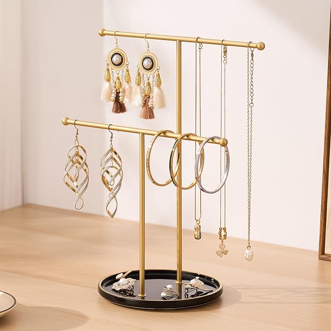 Gold Jewelry Holder Stand with Ceramic Tray: Small Hanging Necklace Organizer Tree for Earrings, Bracelets, Rings – Jewelry Display Hanger for Women & Girls, Black