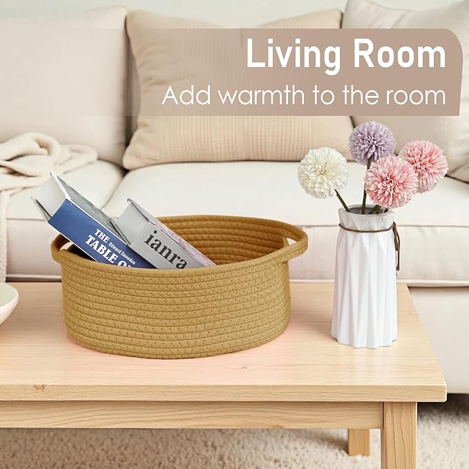 Woven Basket,Small Rope Storage Bin with Handles & Ribbon Bag, Organizer for Shelves Closets,Gift Basket Empty for Birthday,Books,Dog Toys, Jute/3 Pack