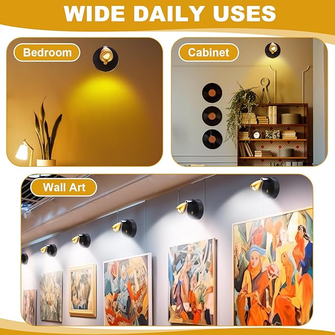 Hortsun 6 Pcs Mini Rechargeable Spotlights with 3 Remote Control Indoor Plant Wireless LED Spot Lights Rotatable Dimmable Accent Picture Lights for Wall Artwork Painting Display (Gold)
