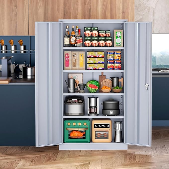 INTERGREAT Metal Garage Storage Cabinet with Lock, 72" Storage Cabinet with Locking Doors and 4 Adjustable Shelves, Lockable Steel Tool Cabinet for Home Office, School, Cement Grey