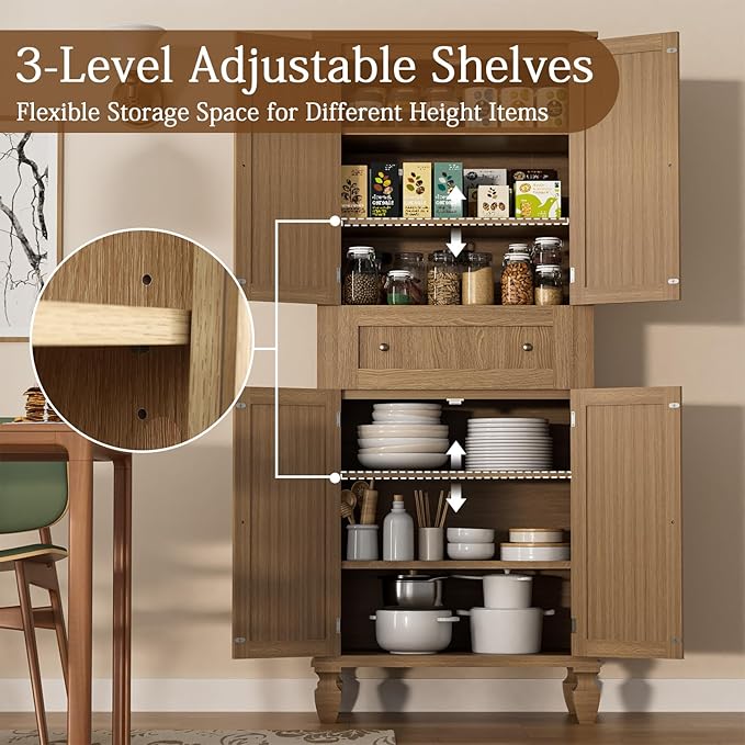 72 inch Kitchen Pantry Storage Cabinet, Freestanding Pantry Cabinet, Tall Cabinets with Doors and Shelves,Freestanding Cupboard with Adjustable Shelves for Dining Room，Natural