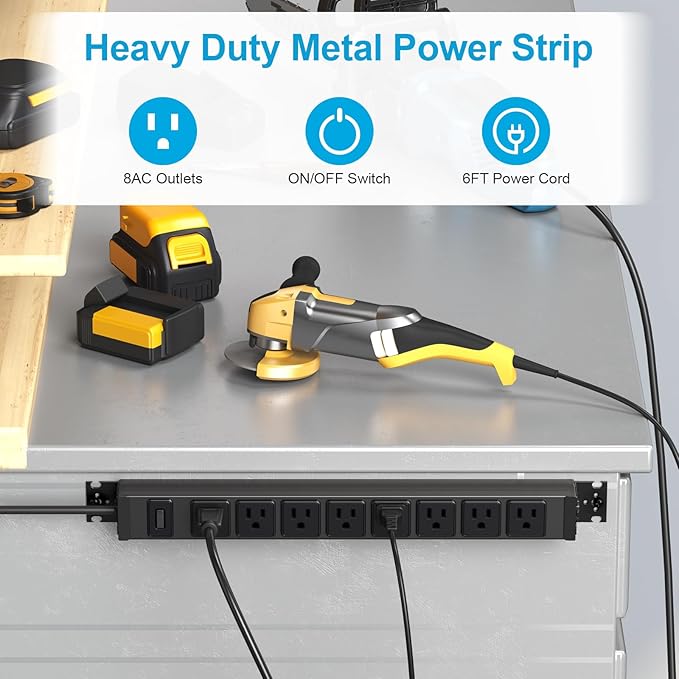 HHSOET 2 Pack Metal 360° Rotating Mountable Power Strip, 8 Outlet Gaming Table Mounted Outlet Strip, Heavy Duty Wall Mount Surge Protector with Switch, 15A 125V 1875W 6ft Power Cord.