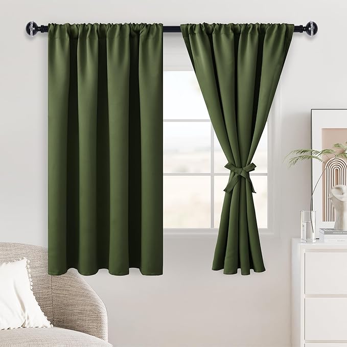 JIUZHEN Christmas Blackout Curtains for Bedroom - Thermal Insulated Room Darkening Noise Reducing, 52 x 45 Inch Length Curtains for Living Room, Set of 2 Panels with Tiebacks, Olive Green