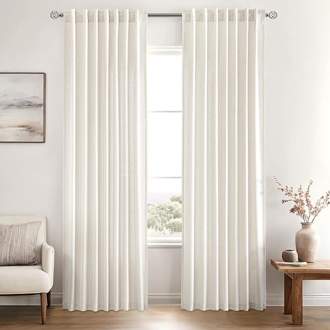 MIULEE Non-See-Through Privacy Linen Curtains 2 Panels, Light Filtering Window Curtains Farmhouse Textured Back Tab Semi Sheer Drapes for Bedroom Living Room, 52 x 80 Inches Long, Natural White