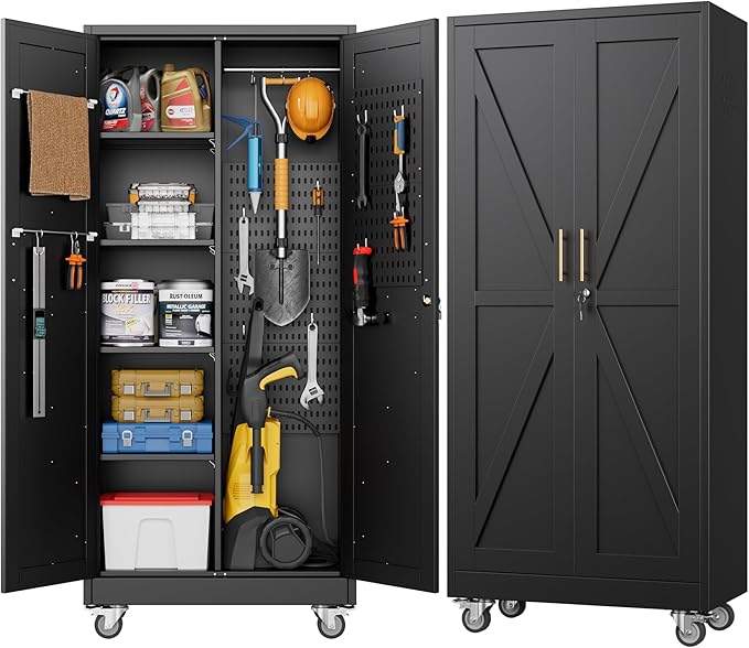 Aobabo Farmhouse Broom Closet Storage Cabinet,Lockable Garage Storage Cabinet with 4 Adjuatable Shelves,Required Assembly,Black,71.06''H*31.5''W*15.75''D