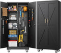 Aobabo Metal Broom Closet Storage Cabinets with 4 Adjustable Shelves and Lock,Metal Mop and Broom Cabinet with Pegboards and Wheels,Assembly Required,Black