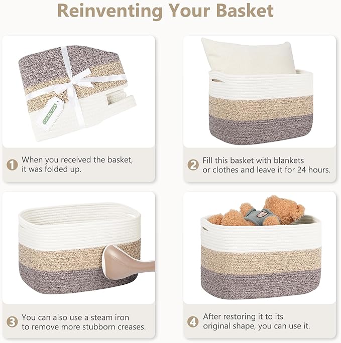 Cotton Rope Basket, Storage Baskets with Handle, 15x10x9 Inch Woven Basket for Shelves, Laundry, Towels, Clothes, Books, (Black Brown 3 Pack)