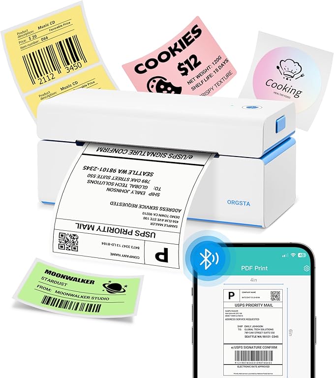 ORGSTA Bluetooth Thermal Shipping Label Printer 4x6, Wireless & USB Label Printer for Small Business, Compatible with Android, iPhone, Windows, USPS, Amazon, Etsy, Shopify - T001-Plus