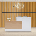 L-Shaped Modern Reception Desk with Counter & Storage - 71" Large Office Front Desk, Salon Checkout Counter with Lockable Cabinets, Shelves (Oak & White, Right - 71''L x 34''W x 41''H)