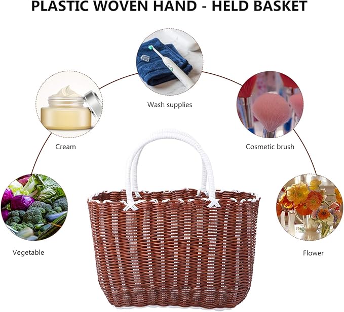 Cabilock Plastic Woven Tote Basket with Handles 13.8X9.4X5.5 Inch Lightweight Portable Storage Basket for Grocery Shopping Bathroom Organization and Home Use