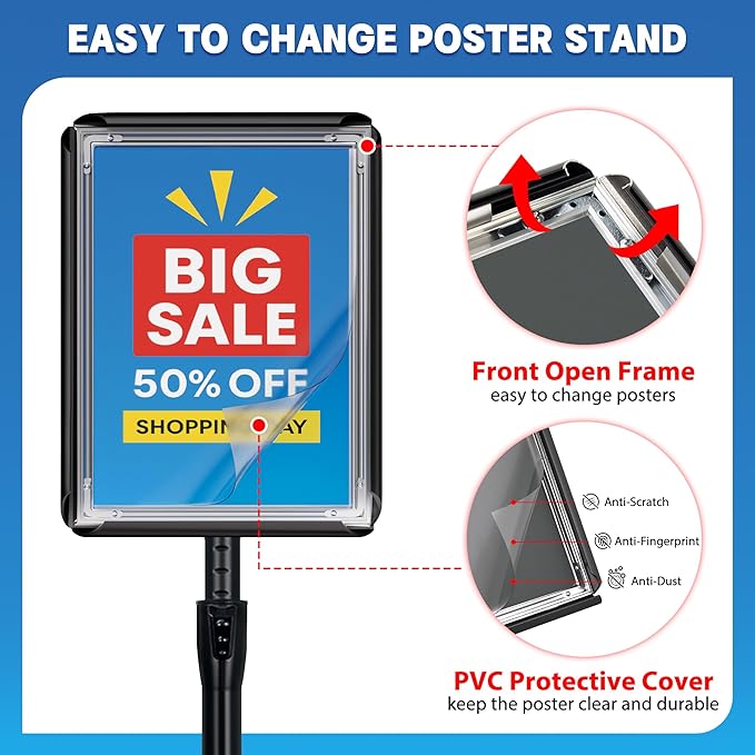 Sign Holder Stand - 8.5x11 Inch Adjustable Floor Standing Sign Stand for Display, Pedestal Poster Stand for Vertical & Horizontal View, Indoor & Outdoor Use for Business & Store - Black