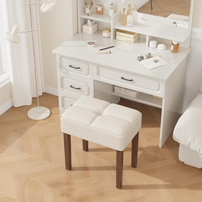 Leather Vanity Stool, 18.7 Inch Wide Rectangle Ottoman Bench for Makeup Room, Vanity Chair with Wood Legs for Piano Room, Bedroom,Living Room with Customizable (Cream)