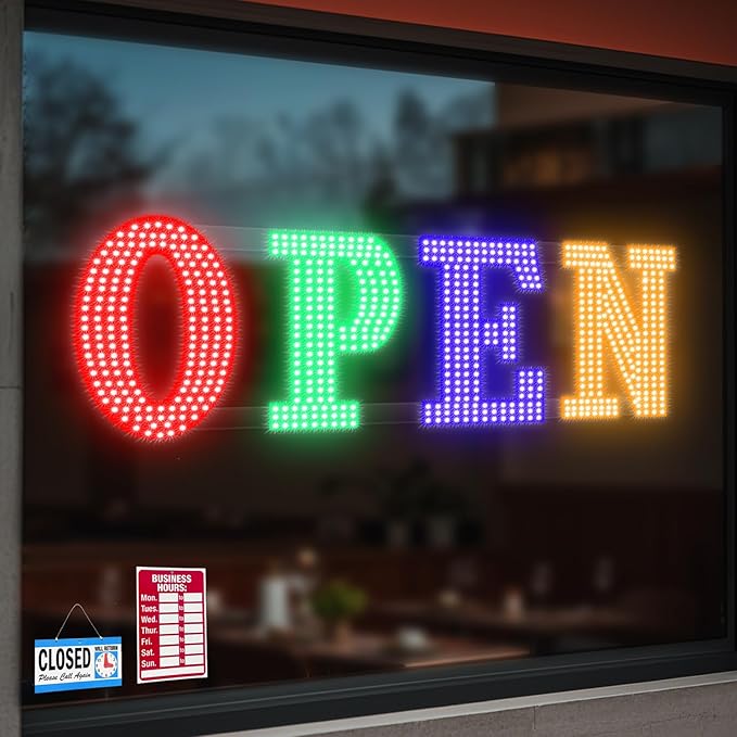 30'' x 10" Large Open Signs for Business, Super Bright LED Open Closed Sign with Hanging Installation, Light Up Sign for Bar Store Restaurant Office Hotel Salon Red&Green&Blue&Yellow
