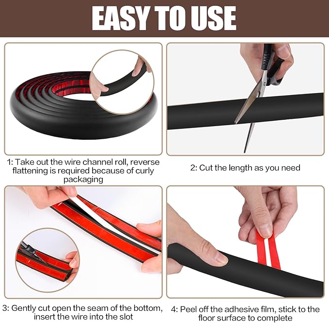 Floor Cord Cover Self Adhesive Cord Hider,3.3FT Cable Management, Extension Strip Protector for Wires, Prevent Cable Trips for Offices, Gyms, Exhibitions Cavity:0.51"(W) x 0.3"(H) Black