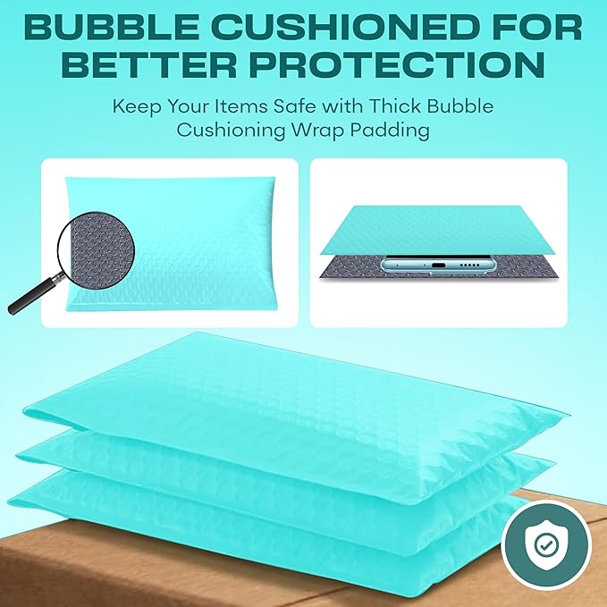 Teal Poly Bubble Mailers 8.5x12 inch #2 | Self Seal Padded Envelopes | Cushioned Bubble Mailer | Usable Size 8.5x11 | Water Proof | Lightweight mailing Shipping Bags | 100 Pack Bulk