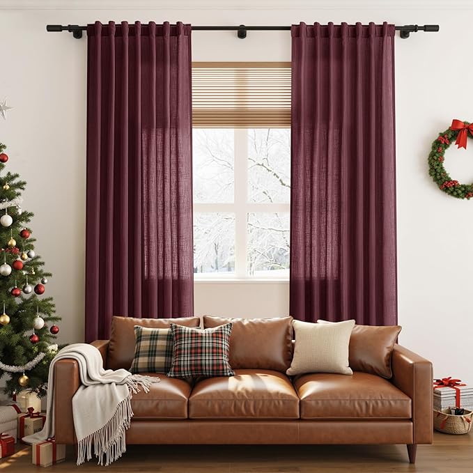 Nanspring Burgundy Linen Curtains 84 Inch Length 2 Panels Set for Living Room Rod Pocket Back Tab Light Filtering Window Drapes for Bedroom Dining Room Protect Privacy Modern Farmhouse Decor 52x84