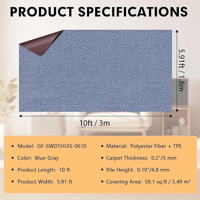 Marine Carpet,6 FT x 10 FT Blue-Gray Indoor Outdoor Carpet 0.2" Thick Boat Carpet with Water-Proof TPE Backing, Non-Slide Outdoor Marine Carpet Roll for Home, Patio, Porch, Deck