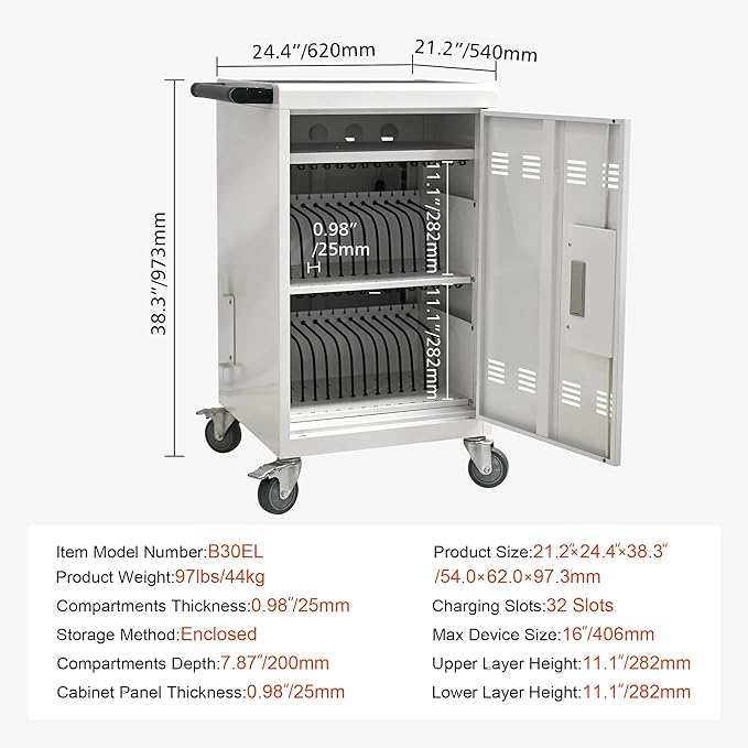 Laptop Charging Cart,32 Devices Tablet Storage Carts for pad Up to 16.3" Screen, Classroom Computer Mobile Charging Station for Pads, Chromebooks,Laptops, Updated Password Lock(32 Bay-White)