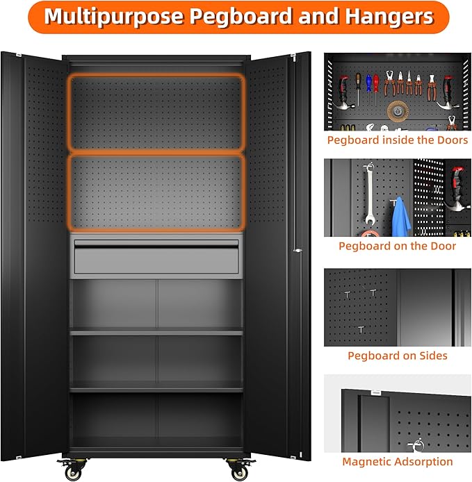 Metal Storage Cabinet with Drawers, Locking Garage Tool Cabinets on Wheels with Pegboards and Hooks for Warehouse Homes, Offices, Assembly Required(Black)