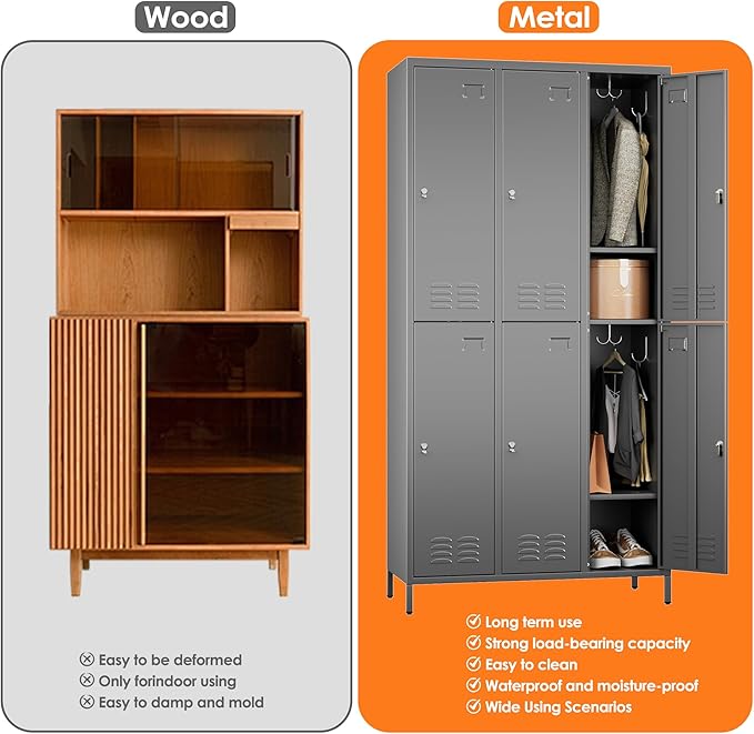Aobabo Metal Locker for Employees, 6 Doors Metal Locker Cabinet with Lock, Industrial Storage with 18 Hooks, Storage for Office, Gym, Dormitory, Assembly Required, Dark Grey