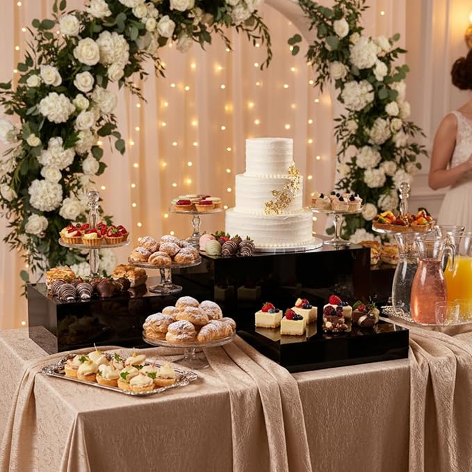 3 Pack Extra Large Acrylic Buffet Risers - 14”, 12”, 10” Black Display Stands with Hollow Bottoms, Cube Riser Boxes Nesting for Dessert Food Catering Buffet Display Party Supplies