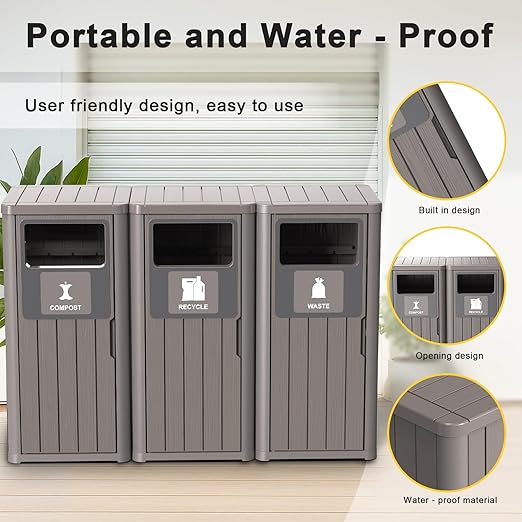 Outdoor Three Barrel Trash Can,Waterproof Resin Garbage Can with Garbage Labels,Durable Waste Bin for Porch, Backyard,Kitchen,for 30 to 39 Gallon Trash Bags