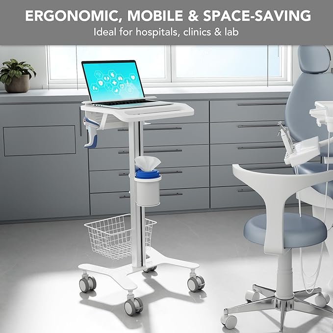 Mount-It! Medical Laptop Cart with Locking Wheels and Anti-Theft Bar, Mobile Computer Workstation for Clinics, Hospitals, Labs – Secure Rolling Cart with Supply Holders and Cable Management