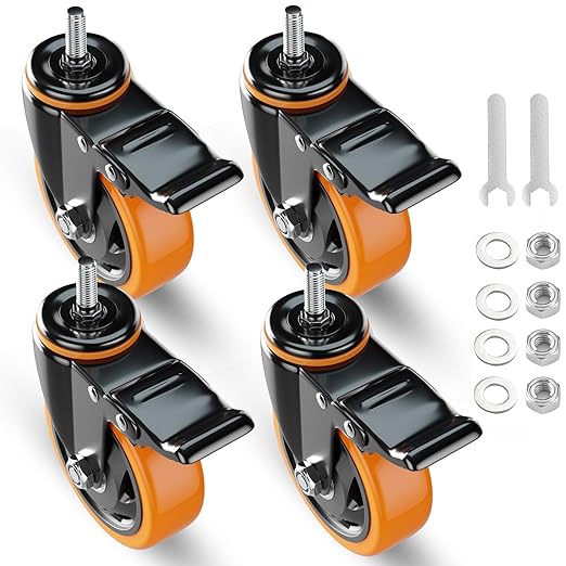 Stem Caster Wheels 3 Inch Heavy Duty Threaded Stem Casters UNC 3/8"-16 x 1 Swivel Casters Set of 4 with Safety Dual Locking Wheel for Furniture and Cart