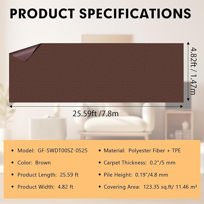 Marine Carpet,5 FT x 25 FT Brown Indoor Outdoor Carpet 0.2" Thick Boat Carpet with Water-Proof TPE Backing, Non-Slide Outdoor Marine Carpet Roll for Home, Patio, Porch, Deck