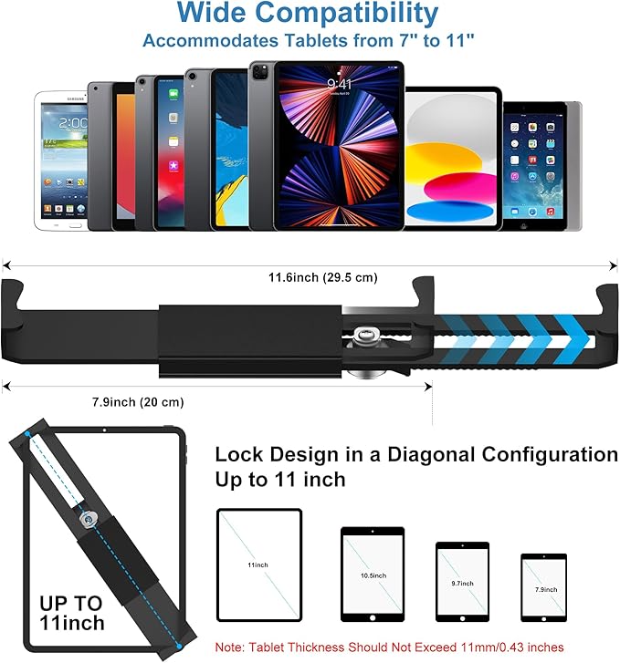 Aluminum Tablet Kiosk Stand, Anti-Theft iPad POS Locking Holder Mount for 7.9"-11" Tablets, 360° Swivel Bracket & Base, Security Countertop Desk Stand for iPad, iPad Pro/Air, Samsung Tablets