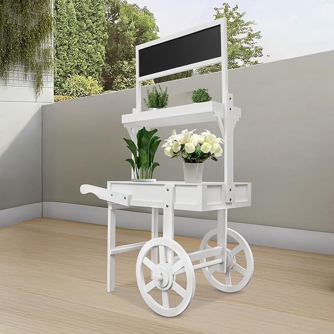 Flower Display Stand with Blackboard, 2 Tier Flower Cart Display Rack, Plant Holder Display with Decoration Wheels, Heavy Duty Moving Flower Rack for Patio Garden Living Room Florist(White)