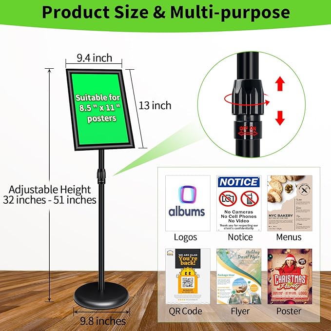 6Pack Adjustable Pedestal Sign Holder - 8.5''x11'', Floor Standing Poster Sign Stand, Aluminum Frame for Vertical/Horizontal View, Outdoor/Indoor Use, Black