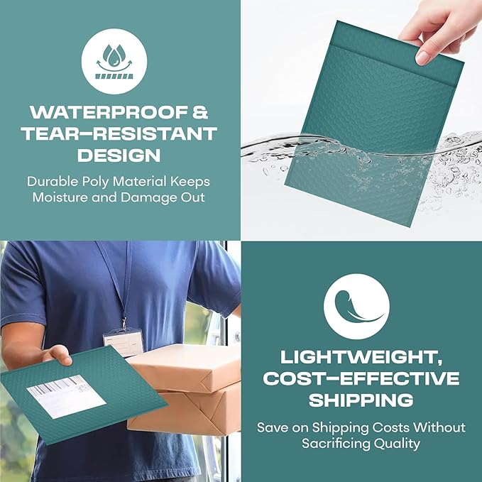 Green 10x13 Inch Poly Bubble Mailers |Self Seal Padded Envelopes for Thick books | Air Cushioned Bubble Mailer | Usable Size 9.5x13 Inch | Waterproof Lightweight Mailing Shipping Bags | 100 Pack Bulk