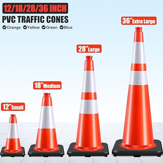 6 Pack 12" Inch Orange PVC Traffic Cones with Heavy-Duty Base, High-Visibility All-Weather Safety Cones for Road Construction, Parking Lot, and Garage Use (6, Orange, 12" Small)