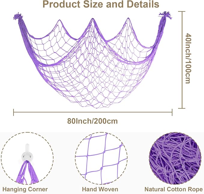2 Pack Fish Net Decorations - 80x40 Inch Purple Fishing Net Decor for Under The Sea Hawaiian Beach Themed Party, 3mm Thick Natural Cotton Versatile Nautical Netting for Wall Table Halloween Decor