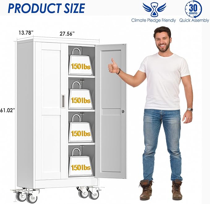 Metal Garage Storage Cabinet with Lock, 61” Tall Lockable File Cabinet with Wheels, Steel Tool Cabinet with 2 Door and 3 Adjustable Shelves, Rolling Cabinet for Home Office Garage Gym - White