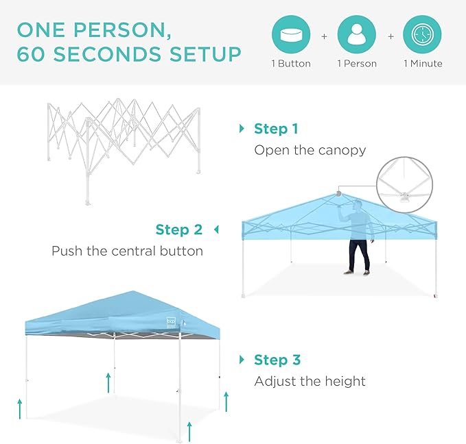 Best Choice Products 10x10ft 1-Person Setup Pop Up Canopy Tent Instant Portable Shelter w/ 1-Button Push, Case, 4 Weight Bags - French Blue/White