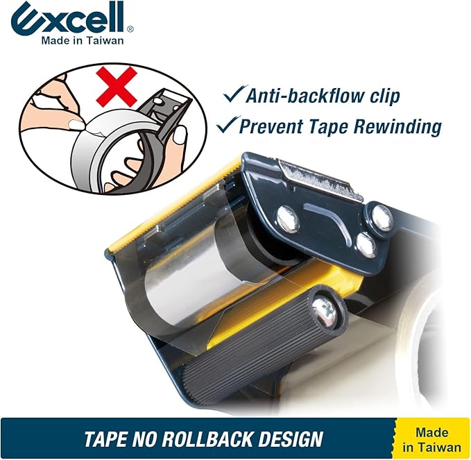 Excell ET-22686 Anti-Backflow Metal Packaging Tape Dispenser (2" Wide): Ideal for Packaging, Transportation, and Box Sealing. Includes Tape Gun and 1 roll of Tape. Durable Metal Construction.