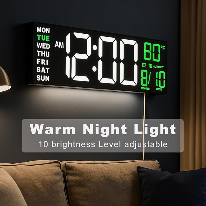 TrophyRak 16" Large Digital Wall Mount Clock, Count Down Timer, Alarm, Big LED, RGB Color, DST, Temperature for Living Room Classroom Desk, Wall, Xmas, Birthday Gift for Senior Mom Dad, White Green