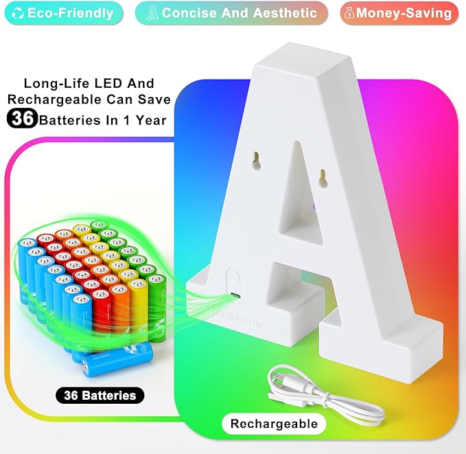mooncow Rechargeable Light Up Letters,Colorful Marquee Letters with Remote,Gift Wrap Gifts,Bedroom Home Bar Party Decor (I)