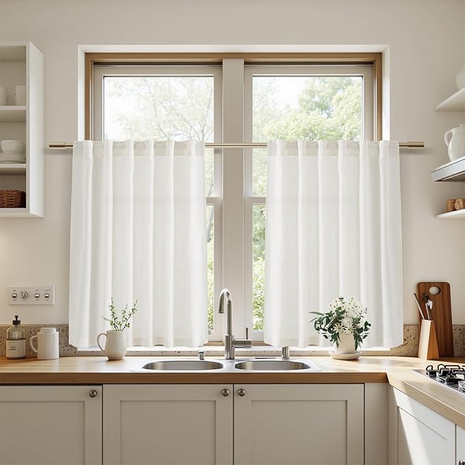Nanspring 24 Inch Linen Curtains for Kitchen Beige White Small Window Semi Sheer Curtains Back Tab and Rod Pocket Light Filtering Drapes for Basement Short Cafe Curtain 26 x 24 Inch, 2 Panels