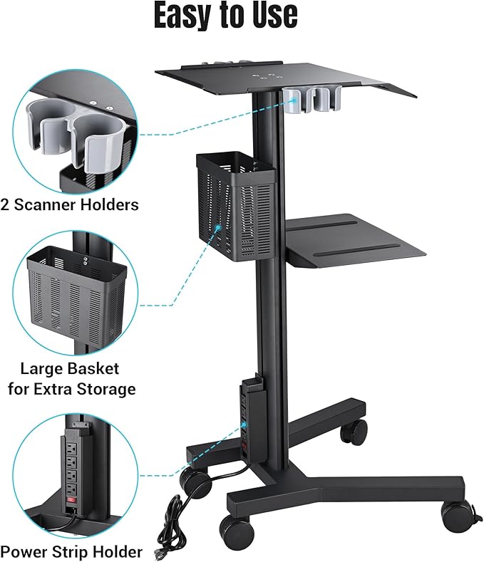 AW Mobile Laptop Cart Medical Rolling PC Stand Computer Workstation on Wheels with Handle 220 Lbs Capacity CPU Printer Power Strip Holder for Lap School Office Salon Spa Dental